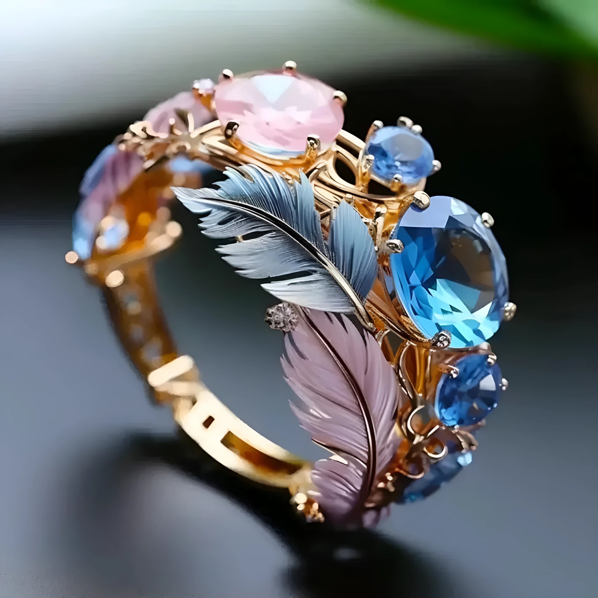 Geometric gold brass ring with embossed feather pattern and zircon inlay detailing