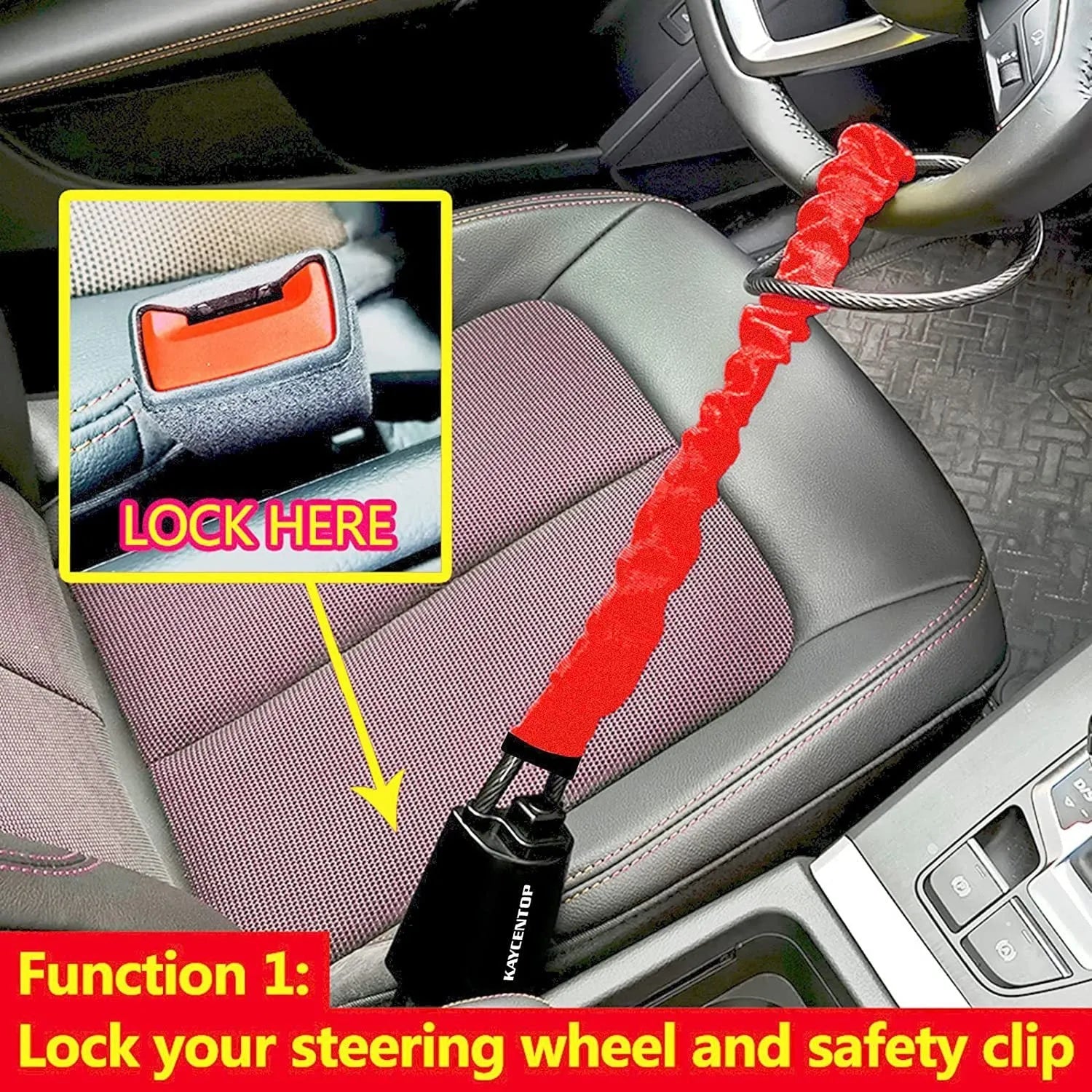 Red iron car steering wheel lock with wire rope for General Motors vehicles on a steering wheel.