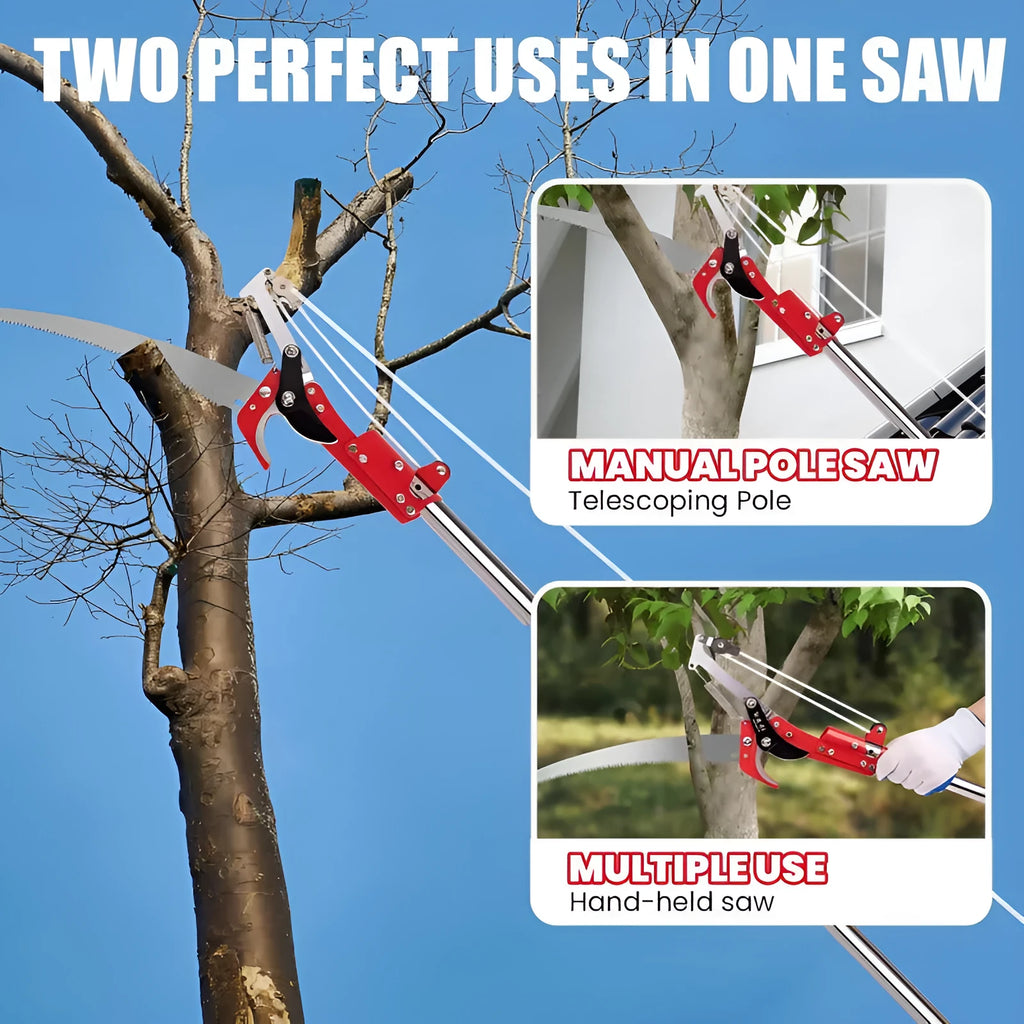Pull rope pruning shears with extended 3.3 metre 8-section metal pole for high branch cutting