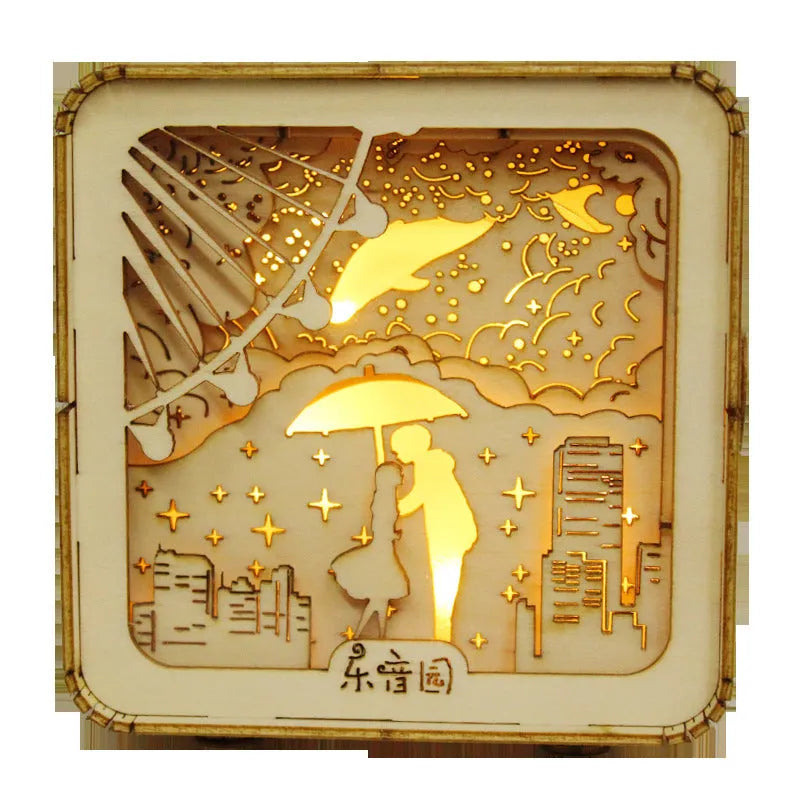 3D wooden puzzle night lamp assembled as a small ornament with train station design on a desk