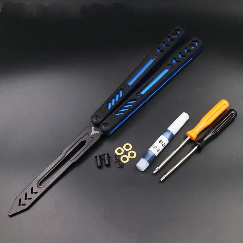 Aluminium handle unbladed butterfly knife trainer with black G10 grip patches on a blue background.