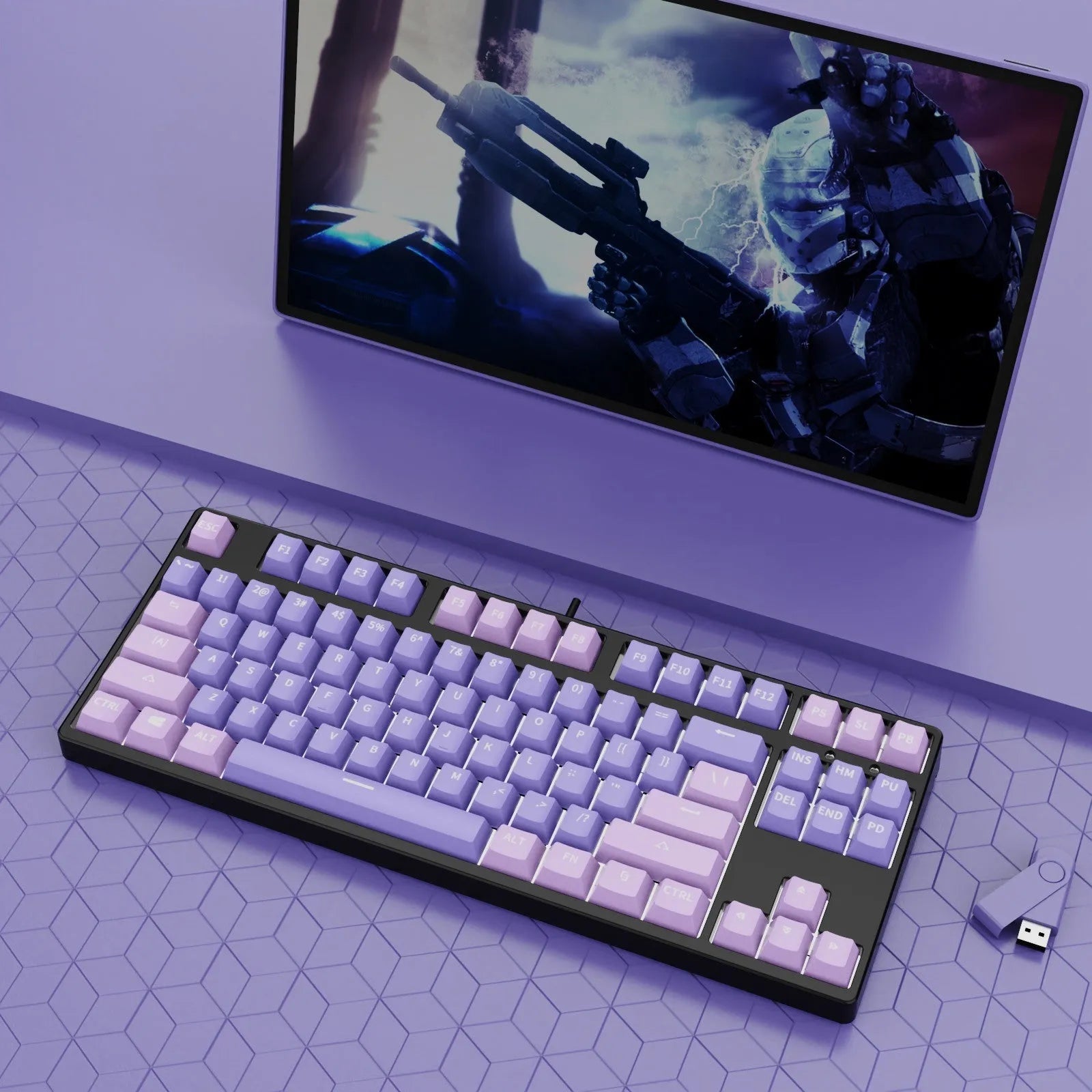 87-key wired mechanical keyboard with two-tone keycaps, shown with switch puller and cleaning brush