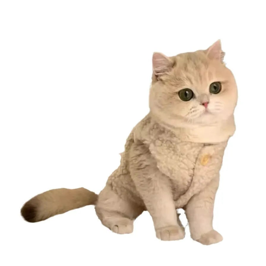 Apricot polar fleece cat winter vest shown on a domestic cat with size guide for XS to XL