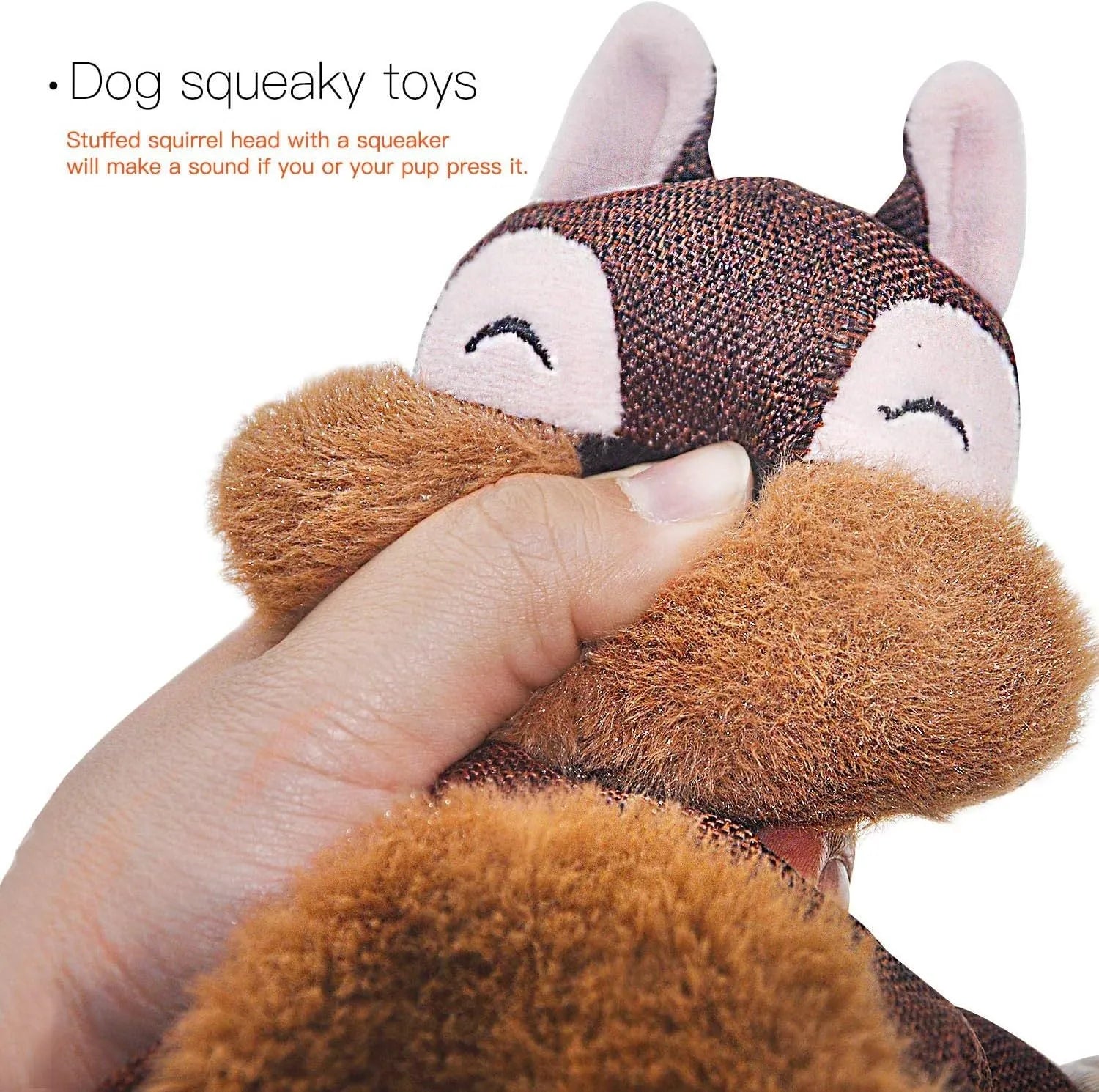 Brown fox-shaped dog toy with squeaker in head, crinkle paper body, and rope arms for chewing
