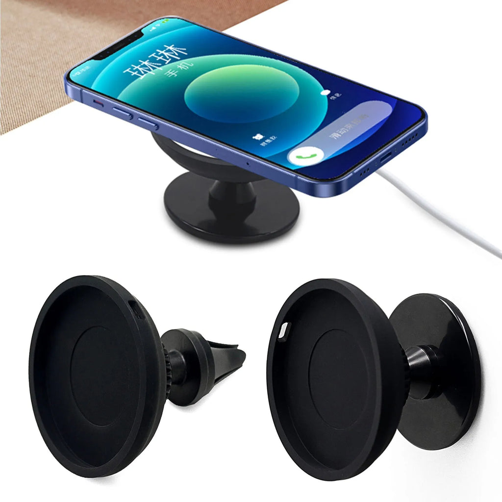 Black plastic car magnetic mobile phone holder with snap-in mount for air vent or dashboard use