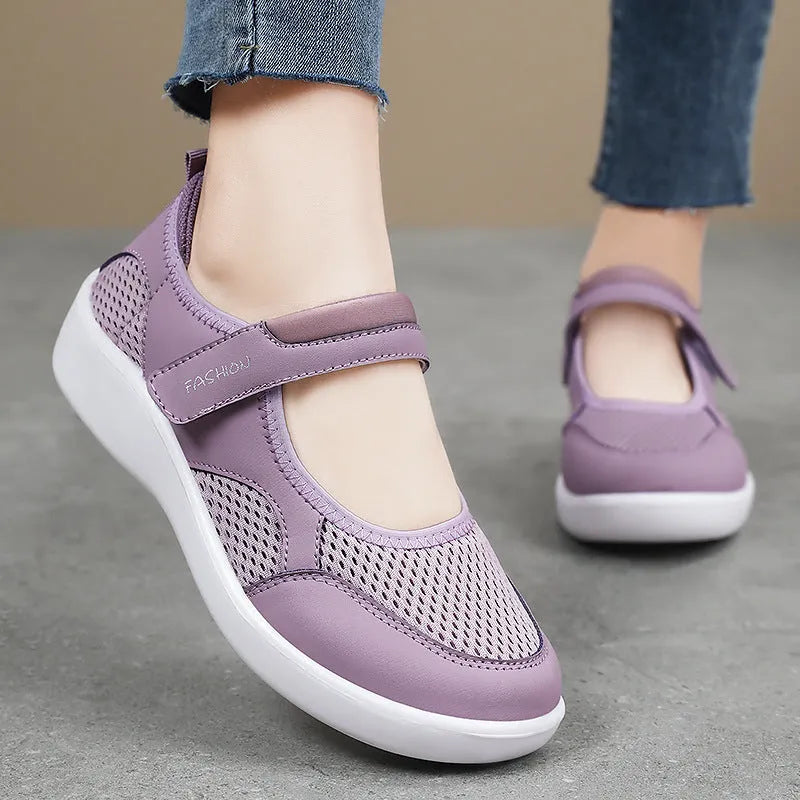 Women's grey mesh casual shoes with velcro fastening and round toe