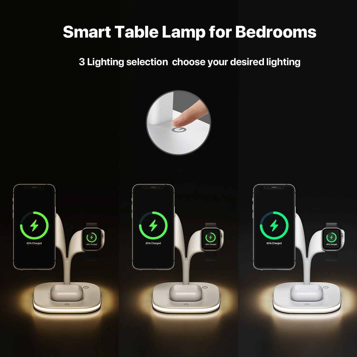 Black or white desktop wireless charging stand for phone, headphones, and smartwatch with 15W max output
