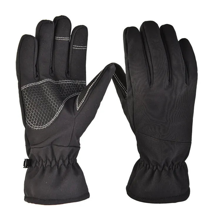 Army green tactical ski gloves with anti-slip palms on a snowy background.