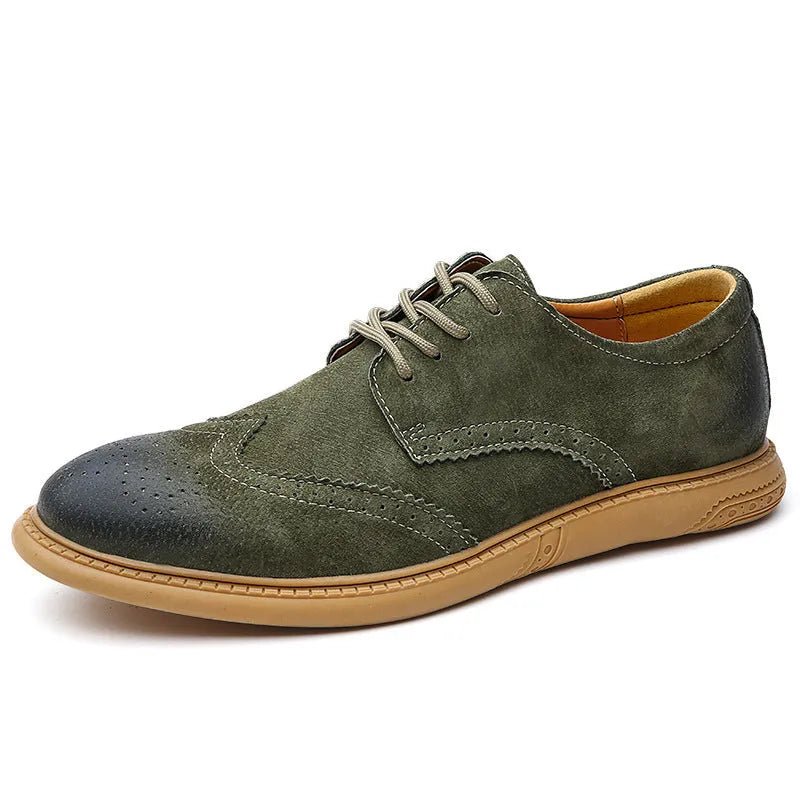 Men's genuine leather low-top business shoes in black with retro lace-up design and a rubber sole.
