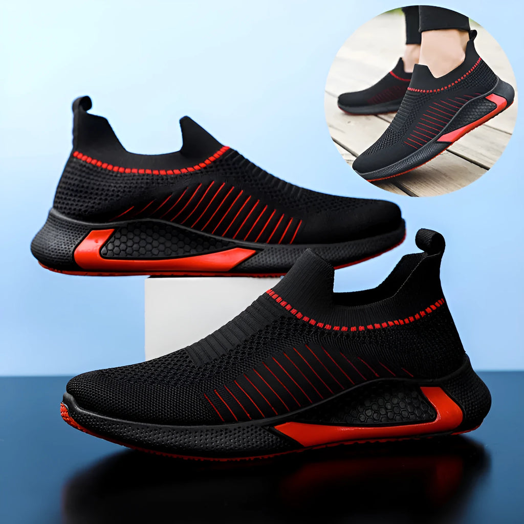 Men's striped mesh sock shoes with Flyknit upper and lace-up closure in black, white and black-white options