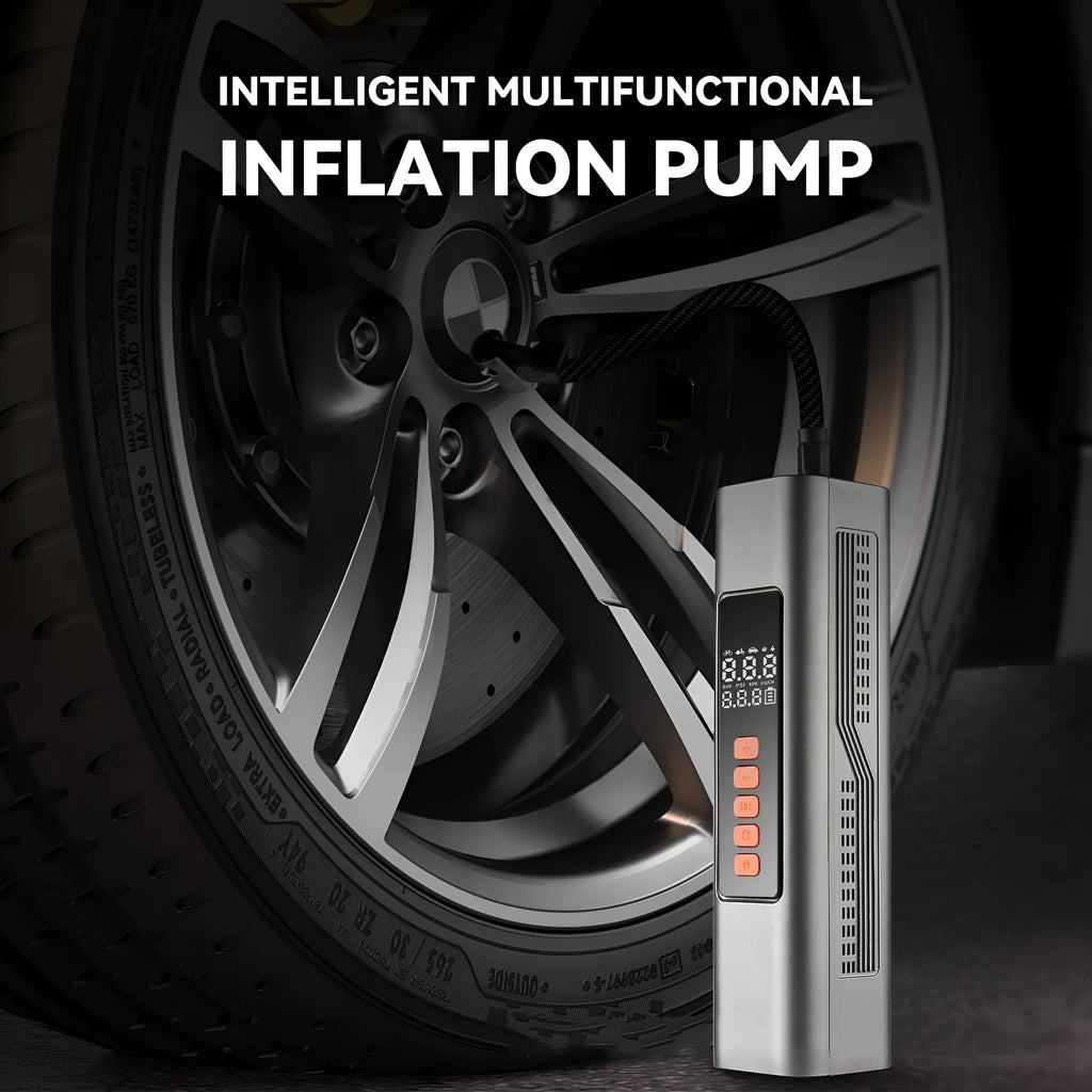 Wireless car tyre inflator with digital display showing pressure readings in multiple units