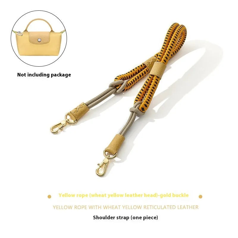 Braided nylon rope shoulder strap with cowhide leather accents and an alloy buckle.