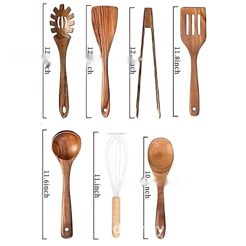 Wooden seven-piece kitchen utensil set with spoons and spatula in four weight options