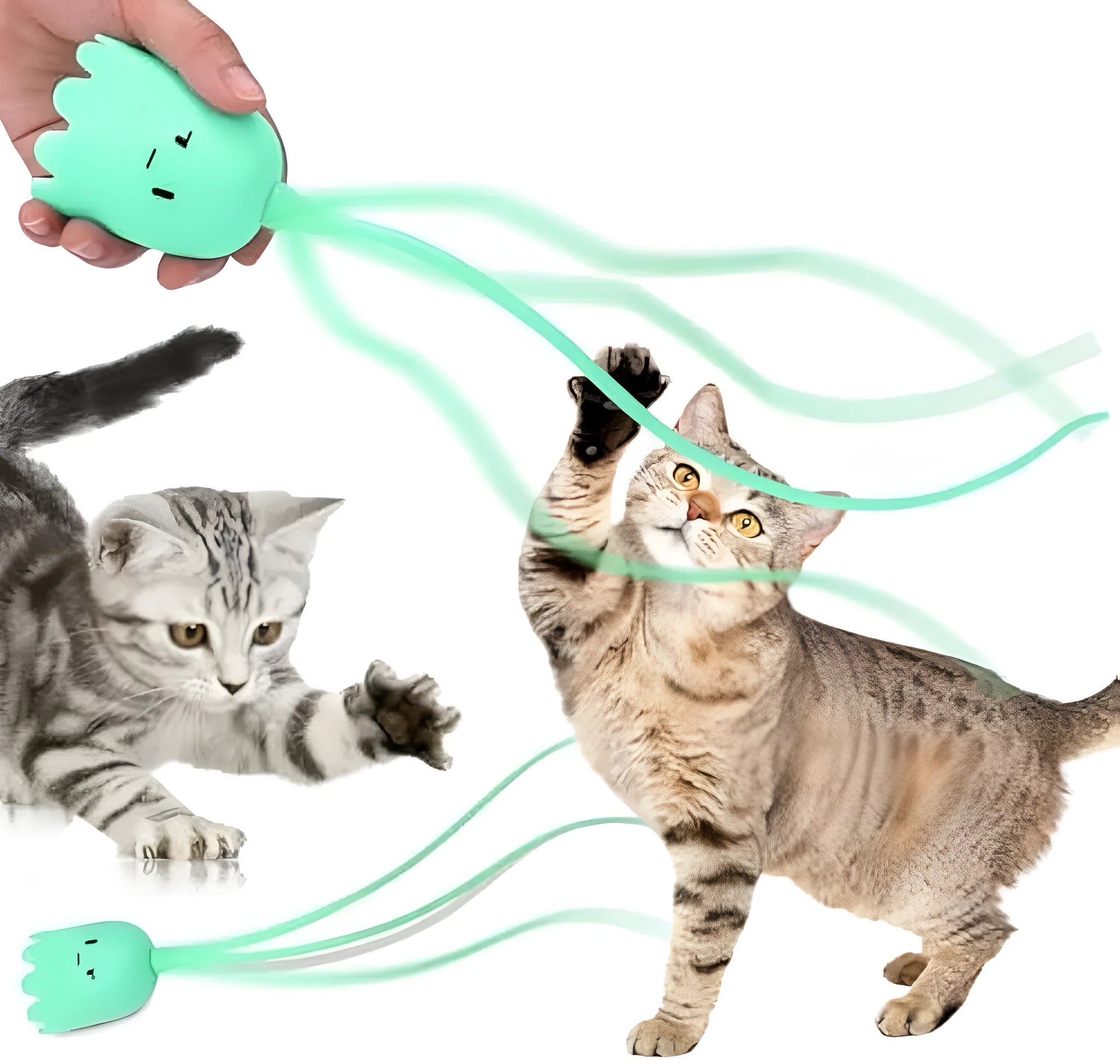 Green electronic cat wand toy with moving silicone tails for indoor cat play