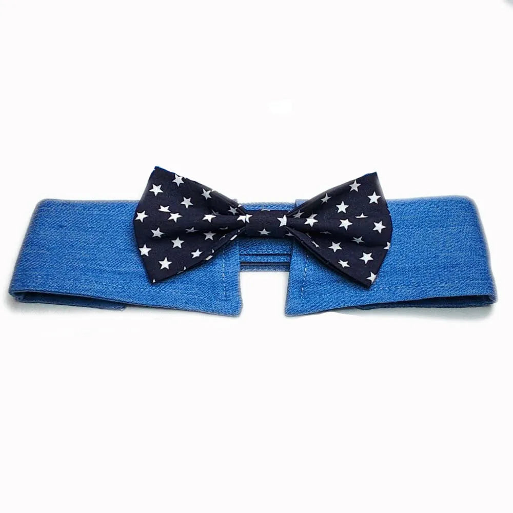 Denim pet collar with star-pattern necktie on adjustable fastener tape closure