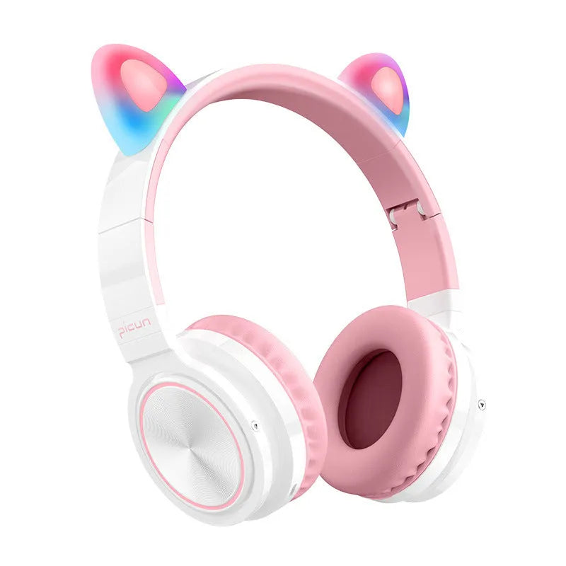 Luminous Bluetooth wireless headphones in pink white colour with high imitation protein earmuffs and braided cable
