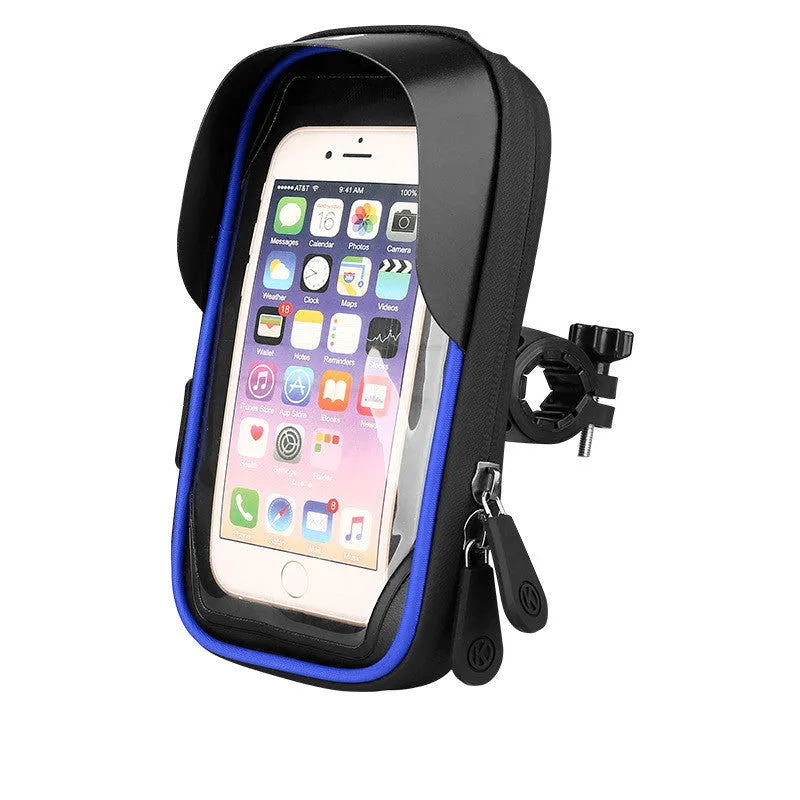 Black mobile phone mount for bicycle handlebars with waterproof zipper, showing touch-sensitive TPU front.