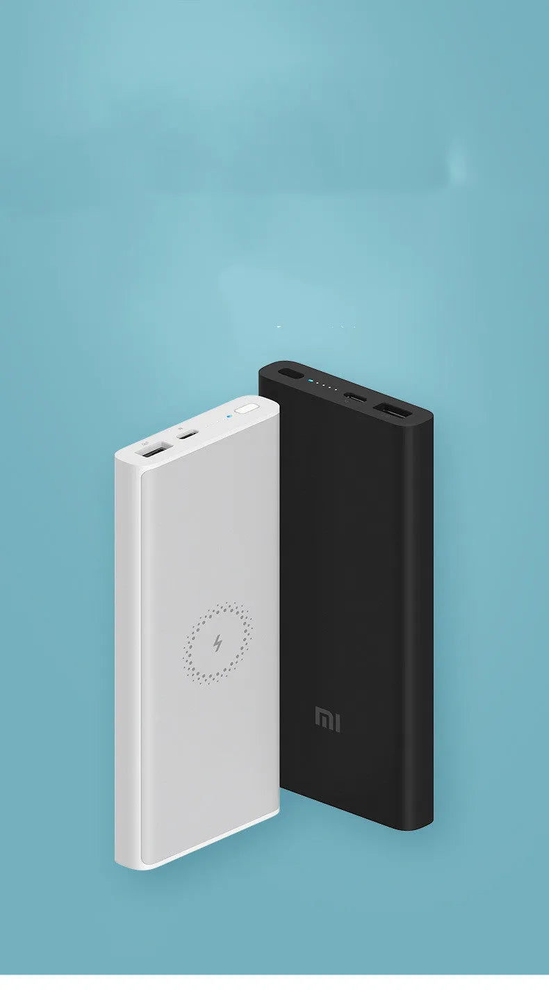 White or black 10000mAh capacity power bank showing USB-C port and wireless charging symbol