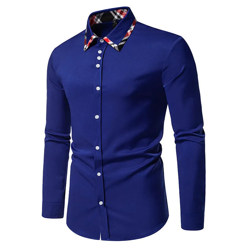 Men's long sleeve plaid shirt with a triangle collar in black, blue, or white.