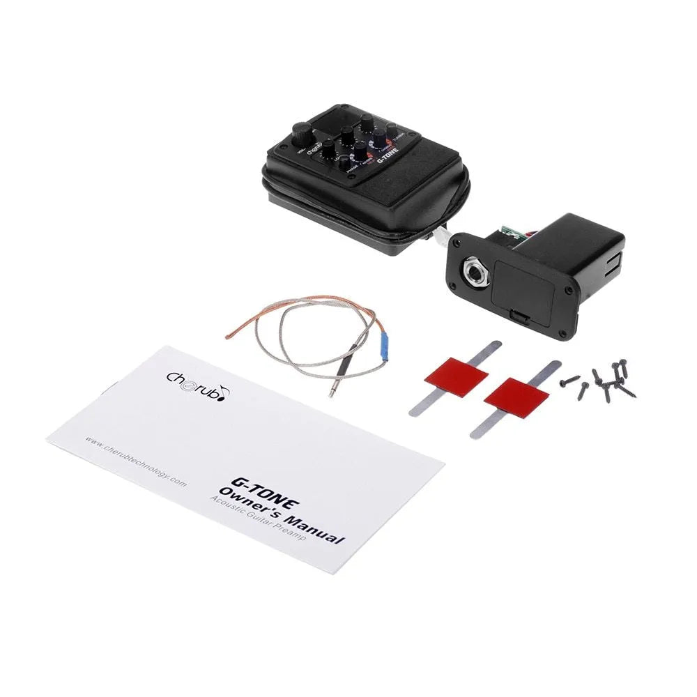 Cherub GT-6 black acoustic guitar EQ pickup with rotary controls for tone and effects