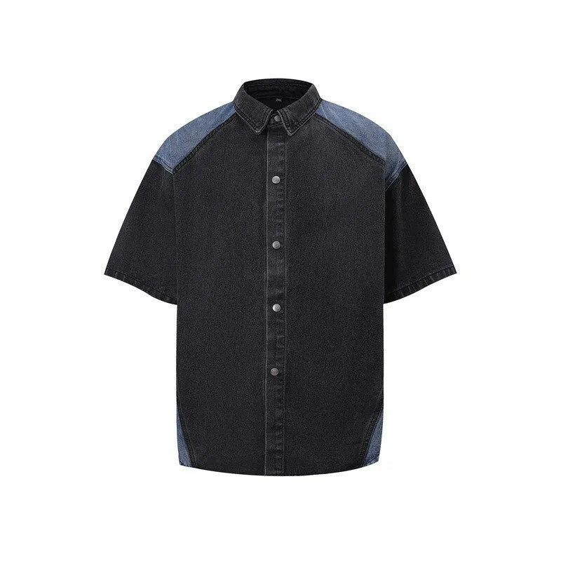 Retro washed denim short-sleeve jacket and matching trousers set on a hanger.