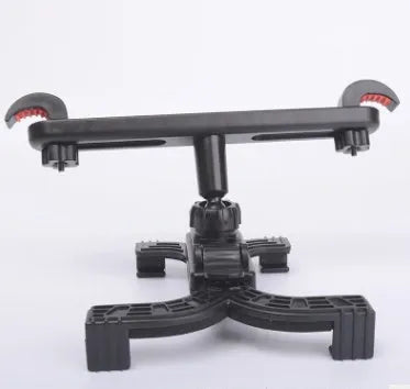 Black universal rotating tablet holder mounted on a car headrest, showing adjustable bracket.