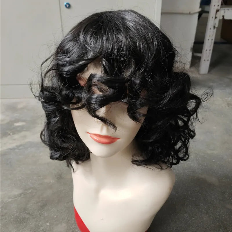 Women's black synthetic Afro wig with long curly hair and high temperature fiber material
