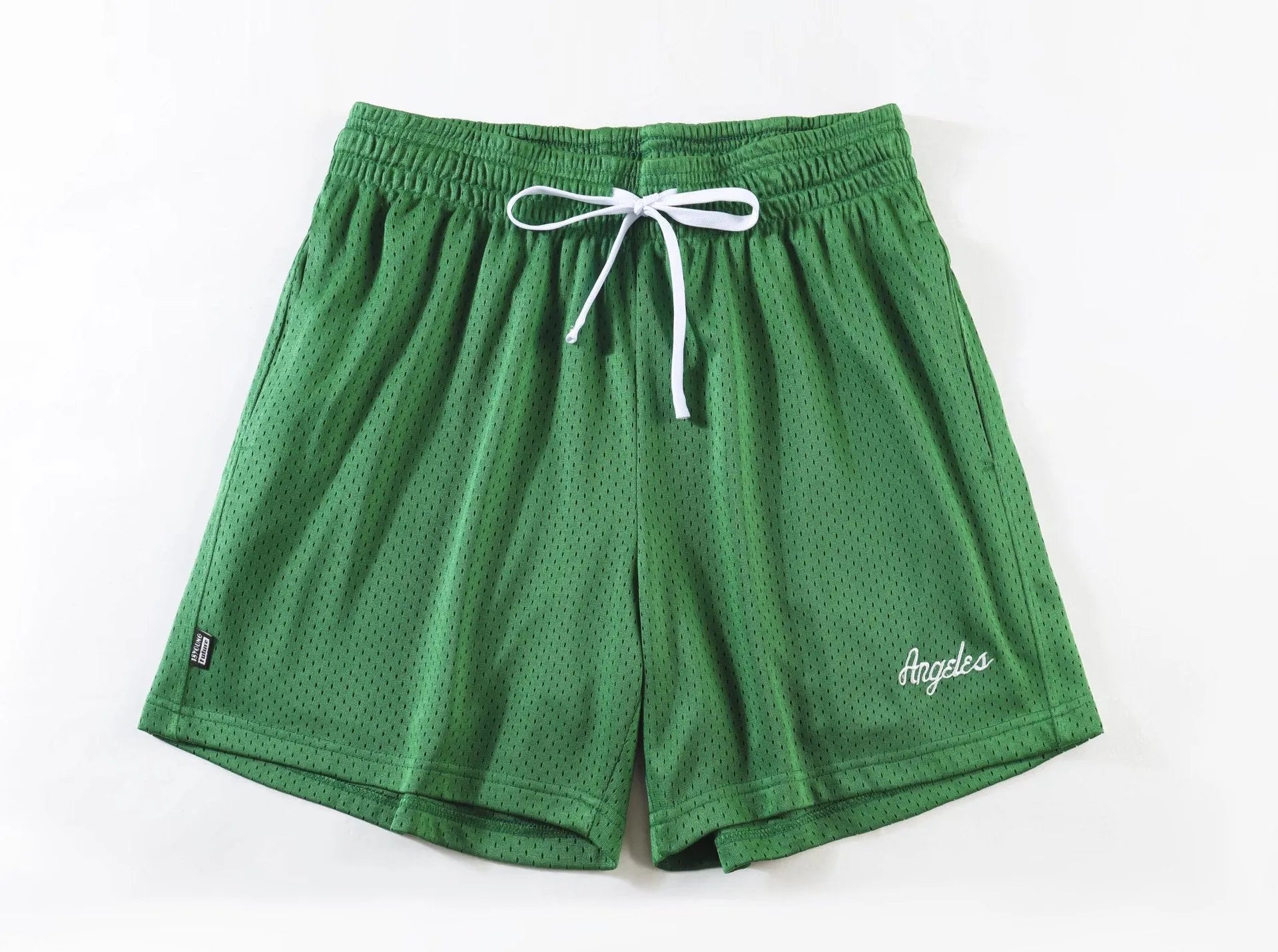 Men's black double-layer mesh sport shorts made from polyester fabric.