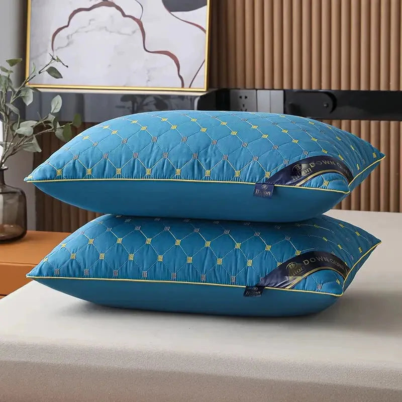 A white polyester fibre bedding pillow core on a bed, with size and weight options shown for 48x74cm and 42x70cm.