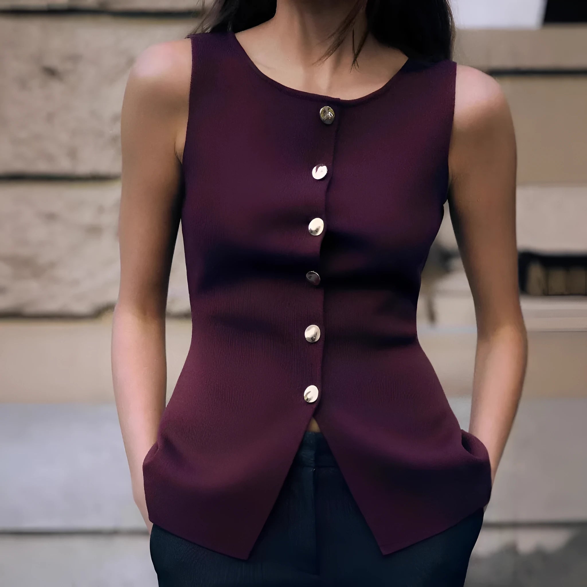 Women's dark red viscose knit sleeveless vest with gold buttons, shown on a model.