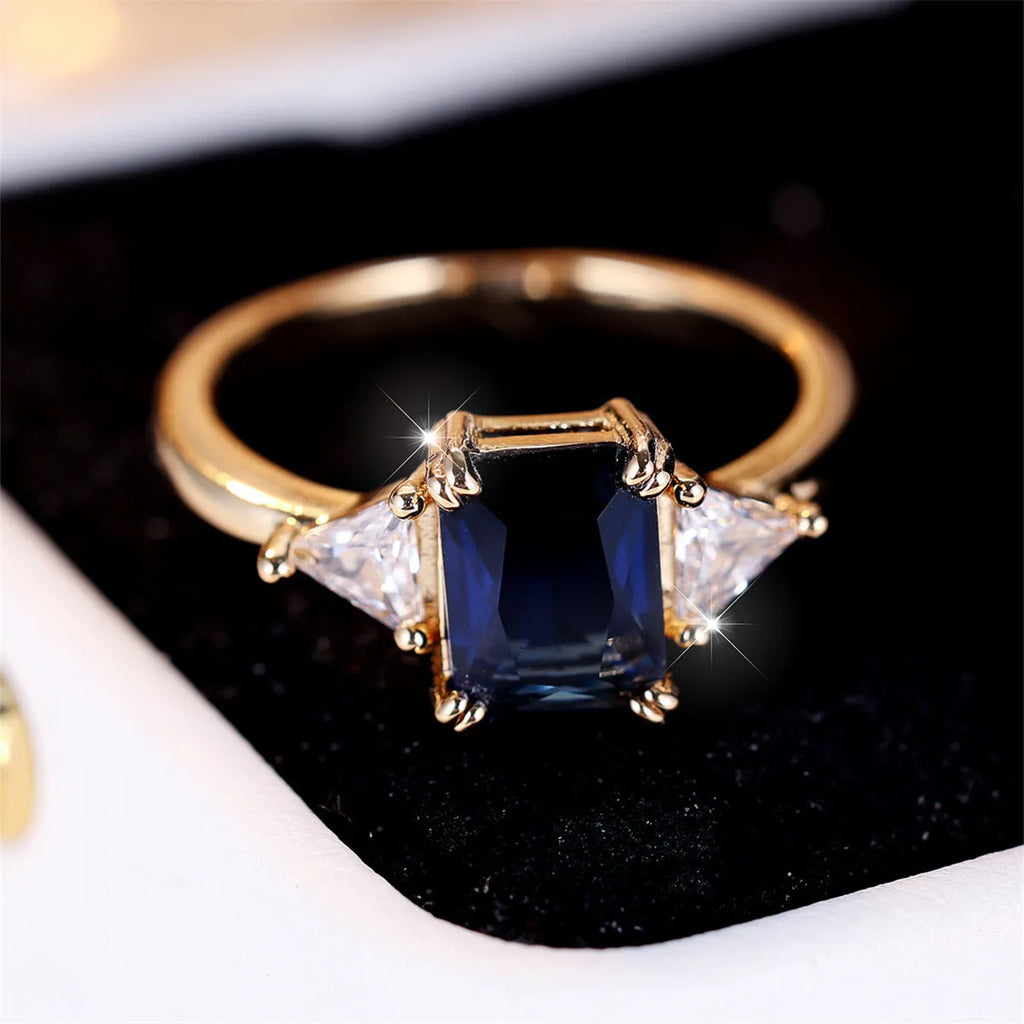 Rectangular copper ring with gold sapphire blue finish for women