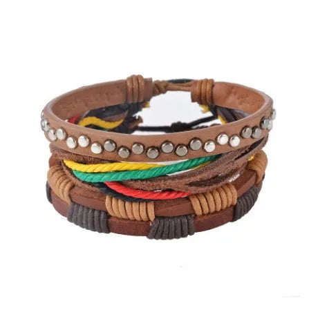 Handmade adjustable leather bead bracelet with multilayer design featuring cowhide leather, wooden beads, and woven ropes