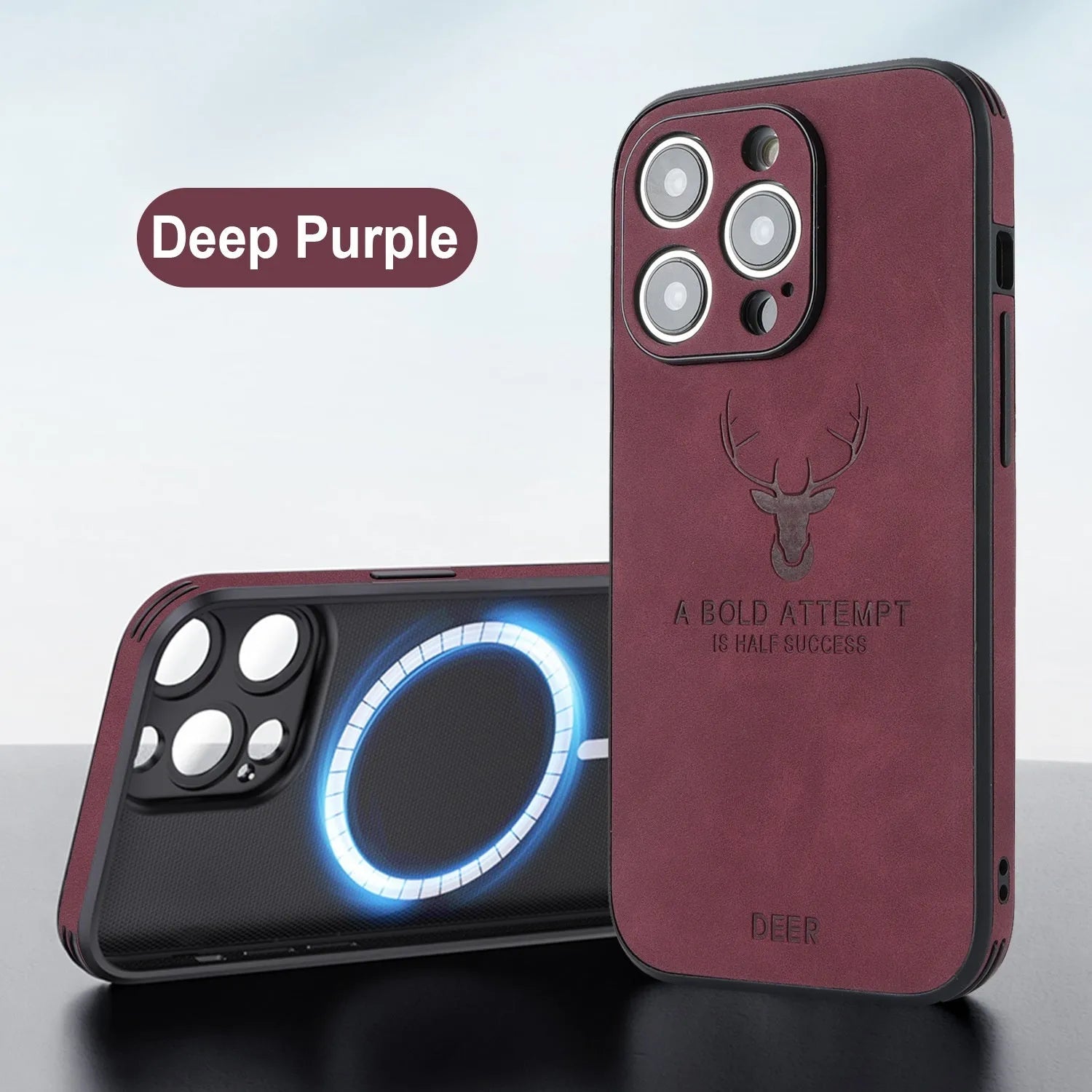 iPhone 16 magnetic charging case with embossed moose head design in imitation leather, shown in multiple colours.