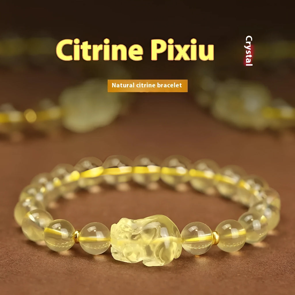Yellow leather bracelet with artificial crystal Pi Xiu charm in Chinese simple style