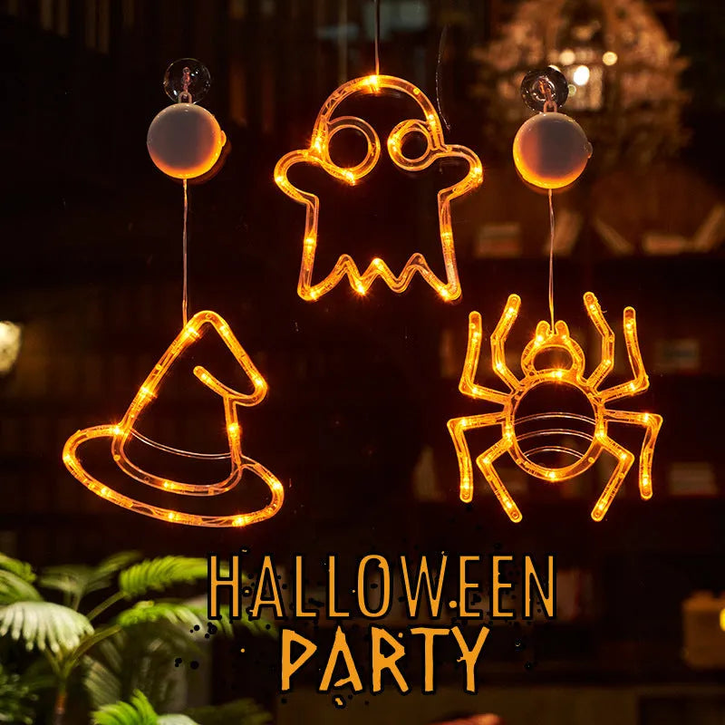 Halloween window hanging LED lights with spider, pumpkin, and ghost designs for holiday decoration