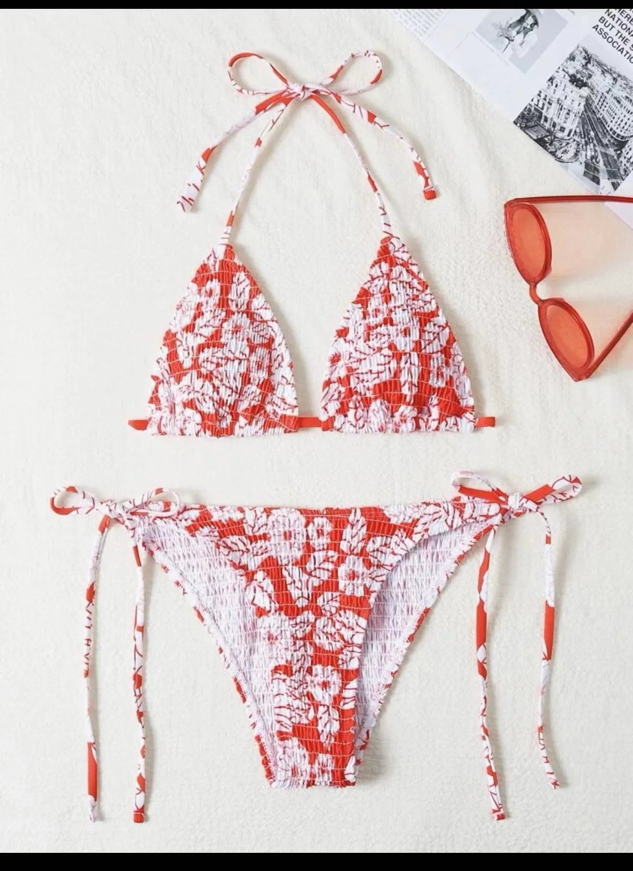 Women's floral halter swimsuit briefs in light blue, orange red, pink, rose red or sapphire blue