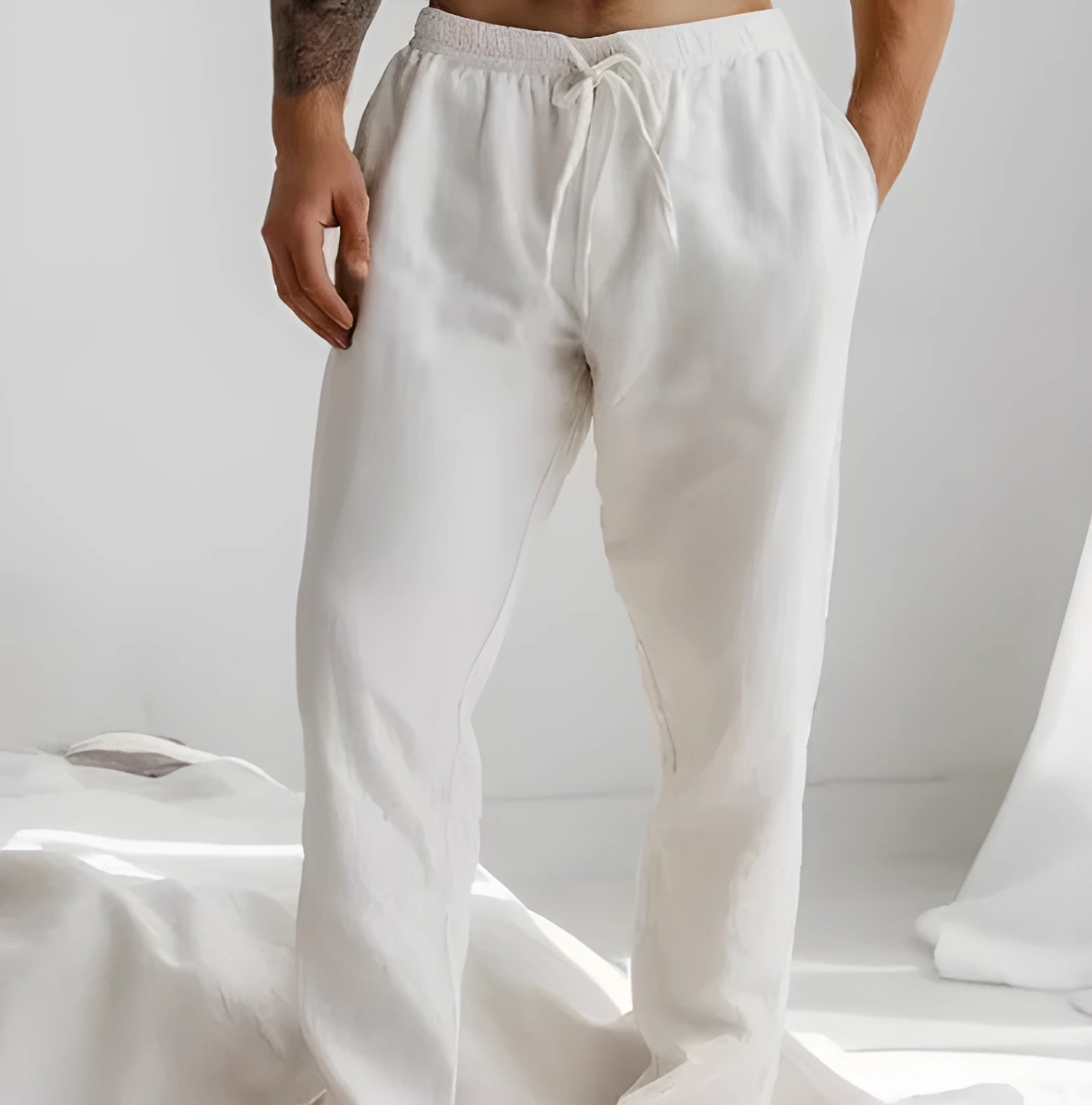 Men's light grey cotton-linen summer trousers with elastic waistband and straight leg design