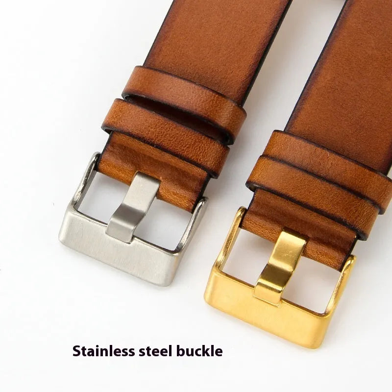 Retro brown genuine leather watch band in 22mm 24mm or 26mm with steel black rose or yellow gold buckle