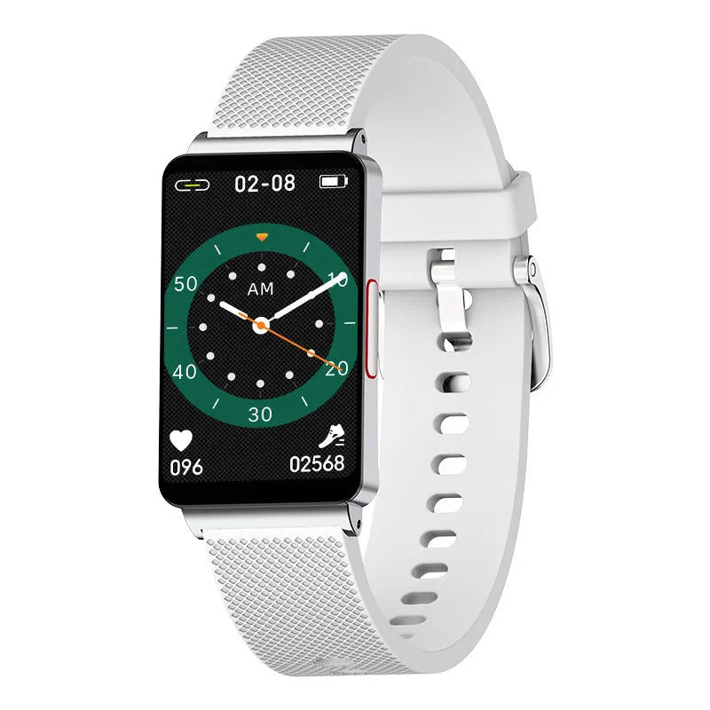 Black Blood Glucose EP08 smart fitness tracker bracelet on a wrist, showing its touch screen.