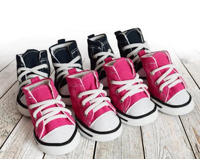 Pet denim canvas dog shoes in navy blue, waterproof non-slip sole, size options for small dogs