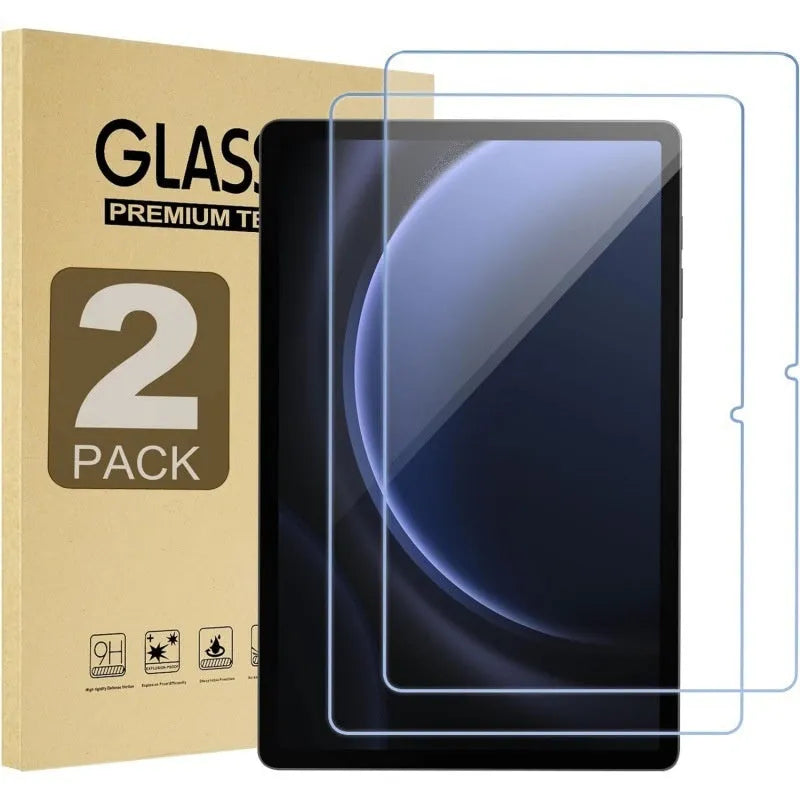 Two tempered glass screen protectors for Samsung tablets in a leather storage bag.