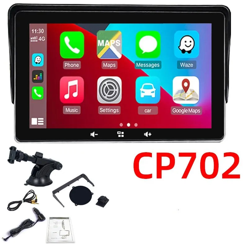 7-inch universal wireless CarPlay display for cars with suction cup mount and cigarette lighter cable.