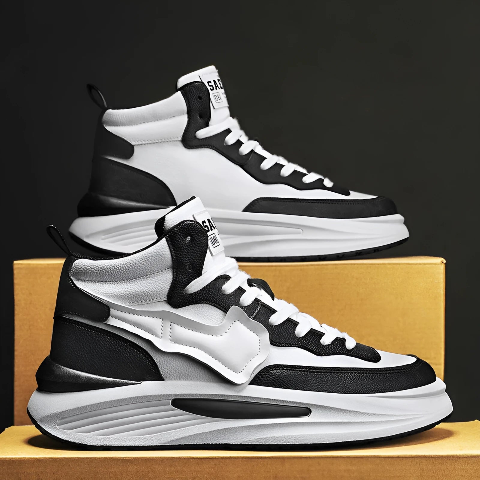 Men's black high-top platform board shoes with round toe and wear-resistant sole