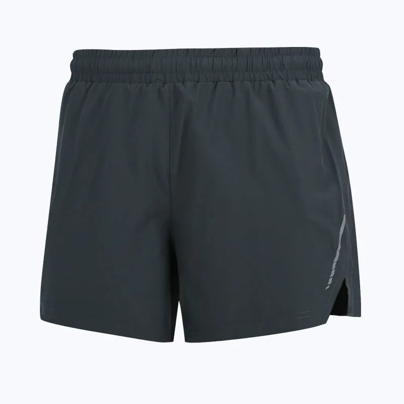 Men's quick-drying polyester running shorts in grey, shown in short length and straight-leg style.