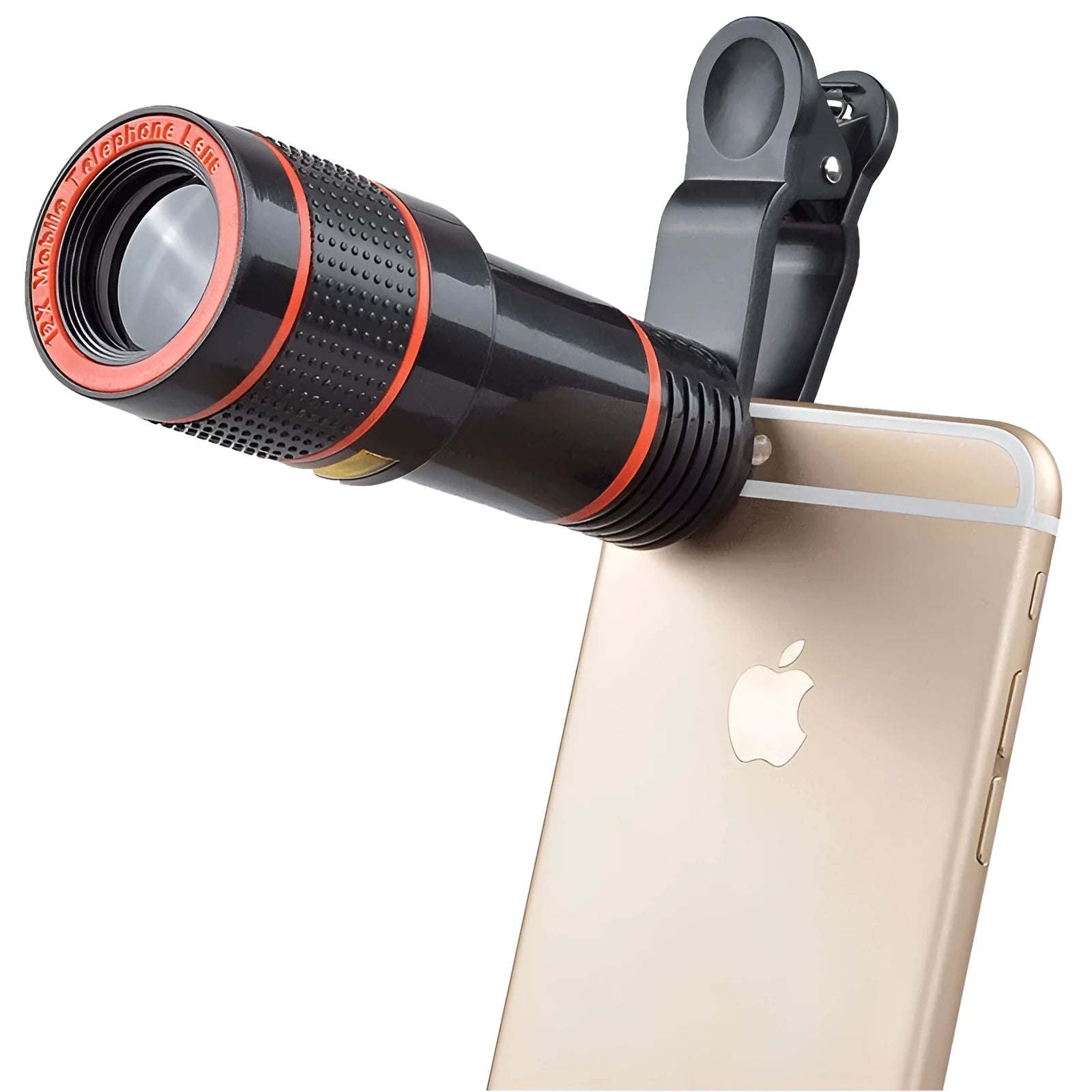 Black 12X smartphone telephoto lens with adjustable mounting clip and cleaning cloth on a table.