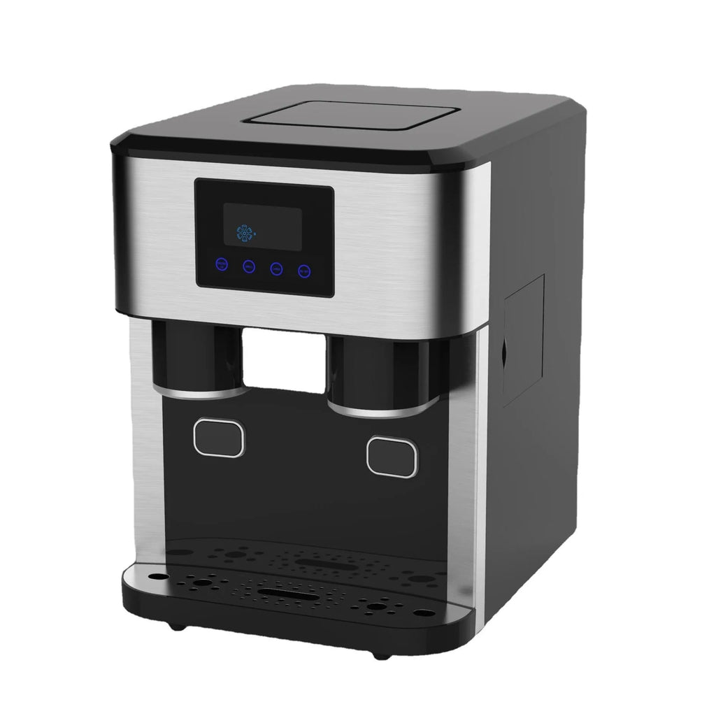 Black desktop ice making machine with ice crushing and cold water dispensing functions on countertop