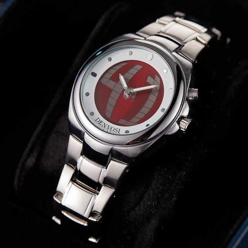 Y2K digital watch with dual display showing blue flame colour variant on wrist