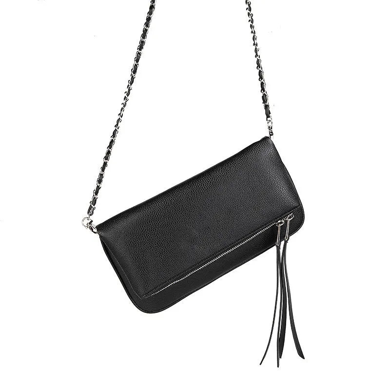 Women's foldable chain messenger clutch bag in black with cross-body shoulder straps and sandwich zipper compartment