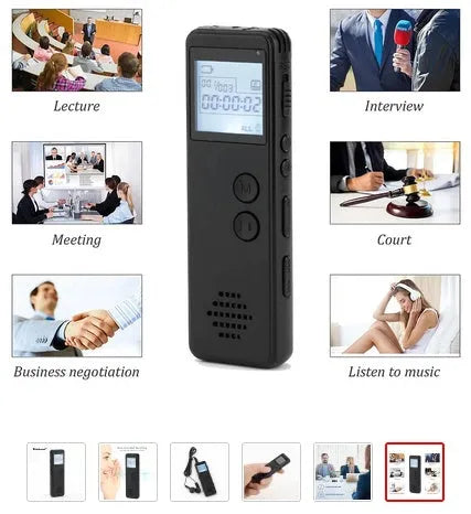 Black matte-finish digital voice recorder with screen, shown next to a memory card and USB cable.