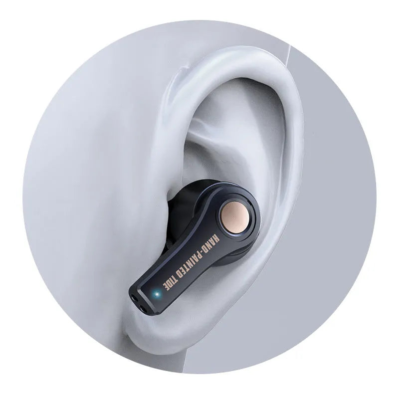 Black and white wireless Bluetooth headset with head-mounted design for hands-free calls and music.